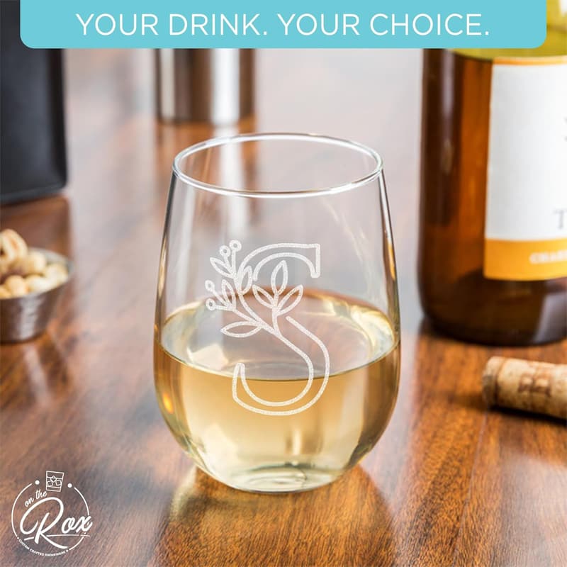 Monogrammed Stemless Wine Glass - Letter A-Z - 17 oz