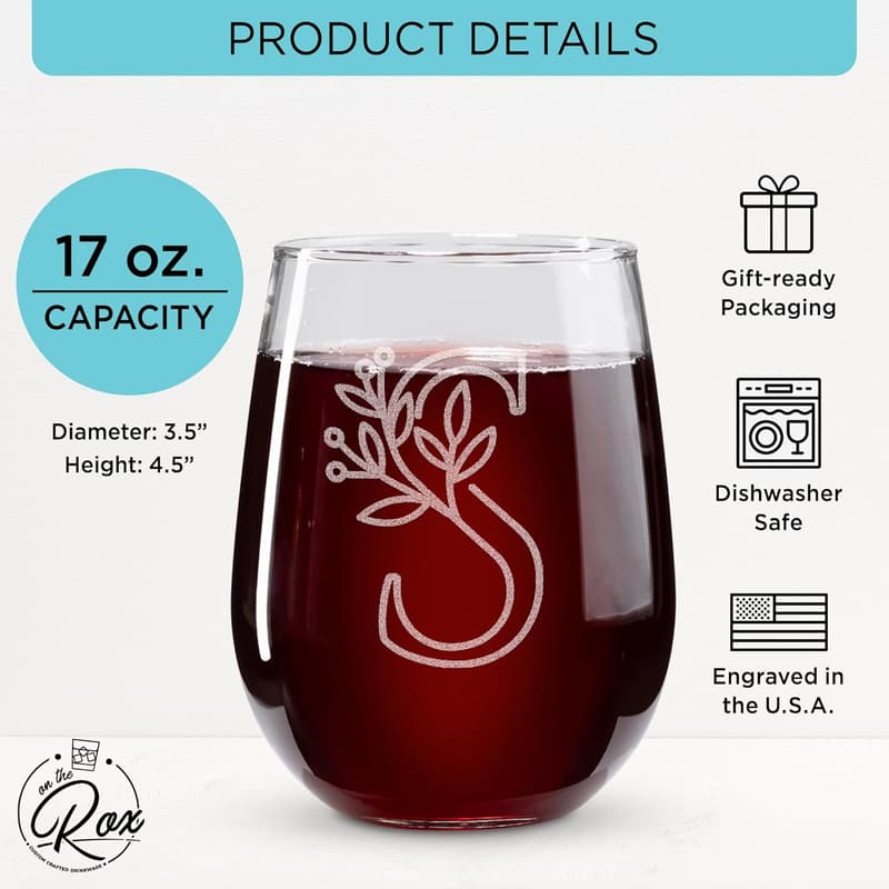 Monogrammed Stemless Wine Glass - Letter A-Z - 17 oz