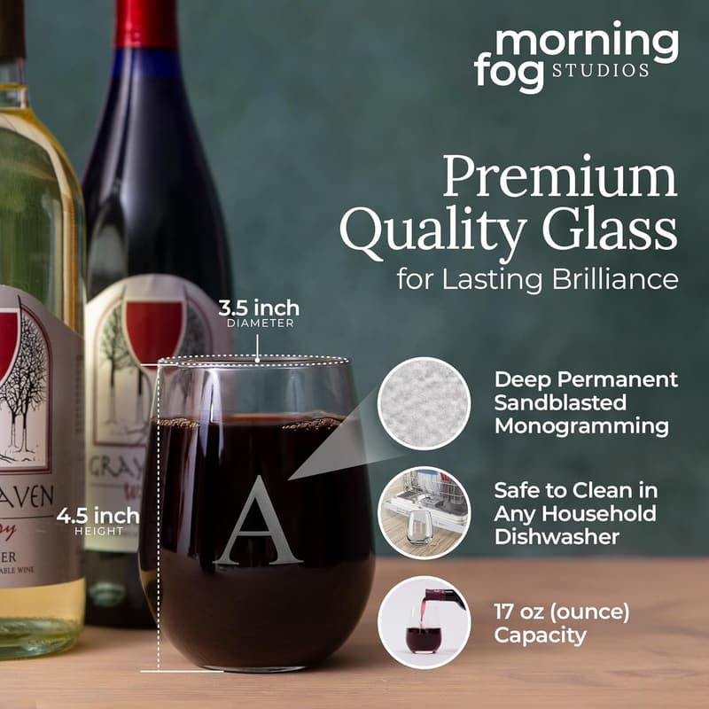 Monogrammed Stemless Wine Glass Set of 4 for Weddings