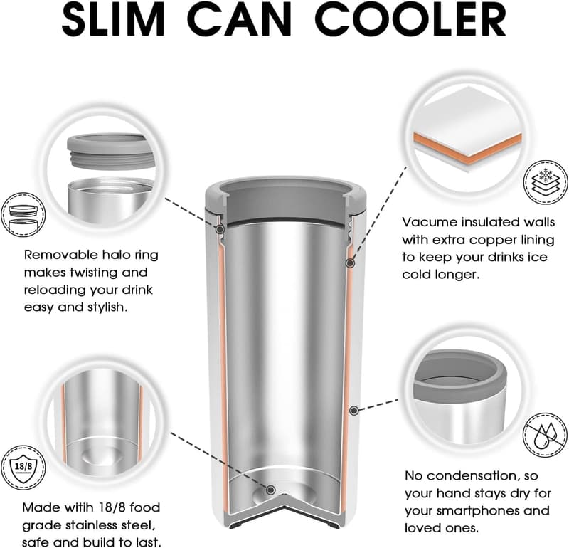 Slim Can Cooler - Insulated Stainless Steel for 12 oz Cans