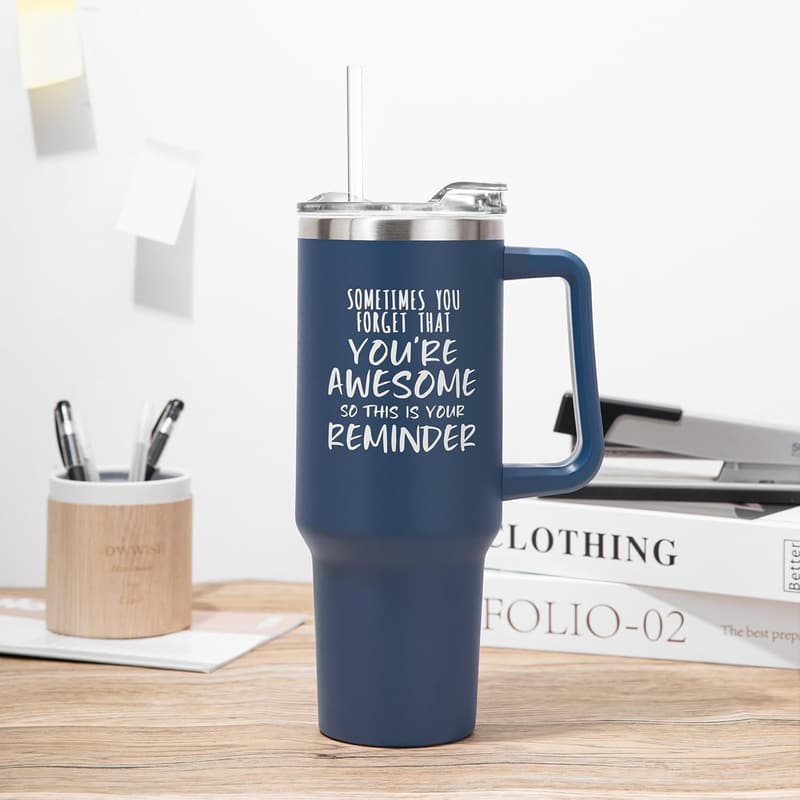 Navy Blue 40 oz Tumbler with Handle - Birthday Gift for Him