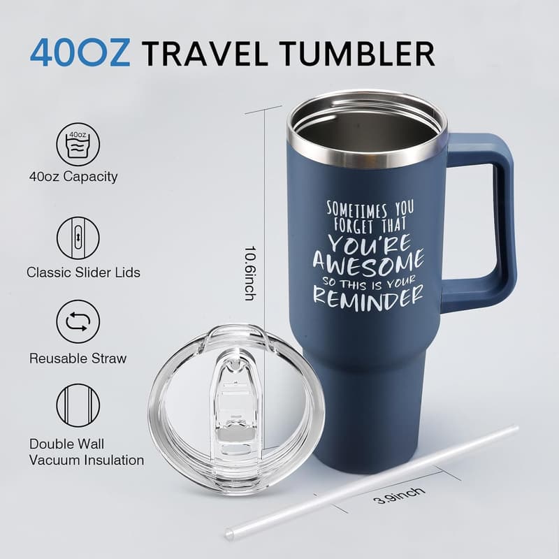 Navy Blue 40 oz Tumbler with Handle - Birthday Gift for Him