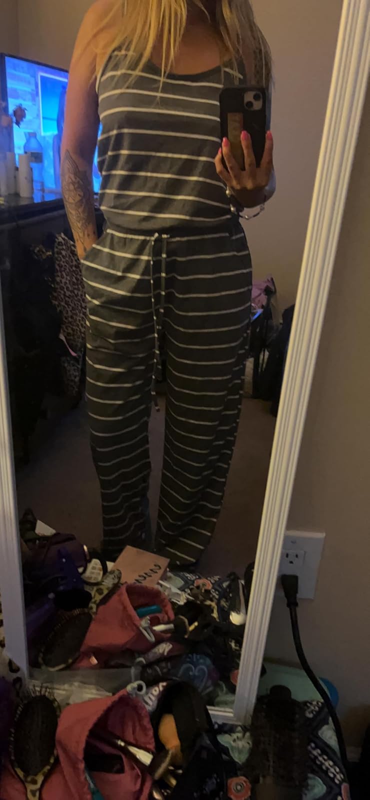 Casual Striped Sleeveless Pajama Jumpsuit for Women
