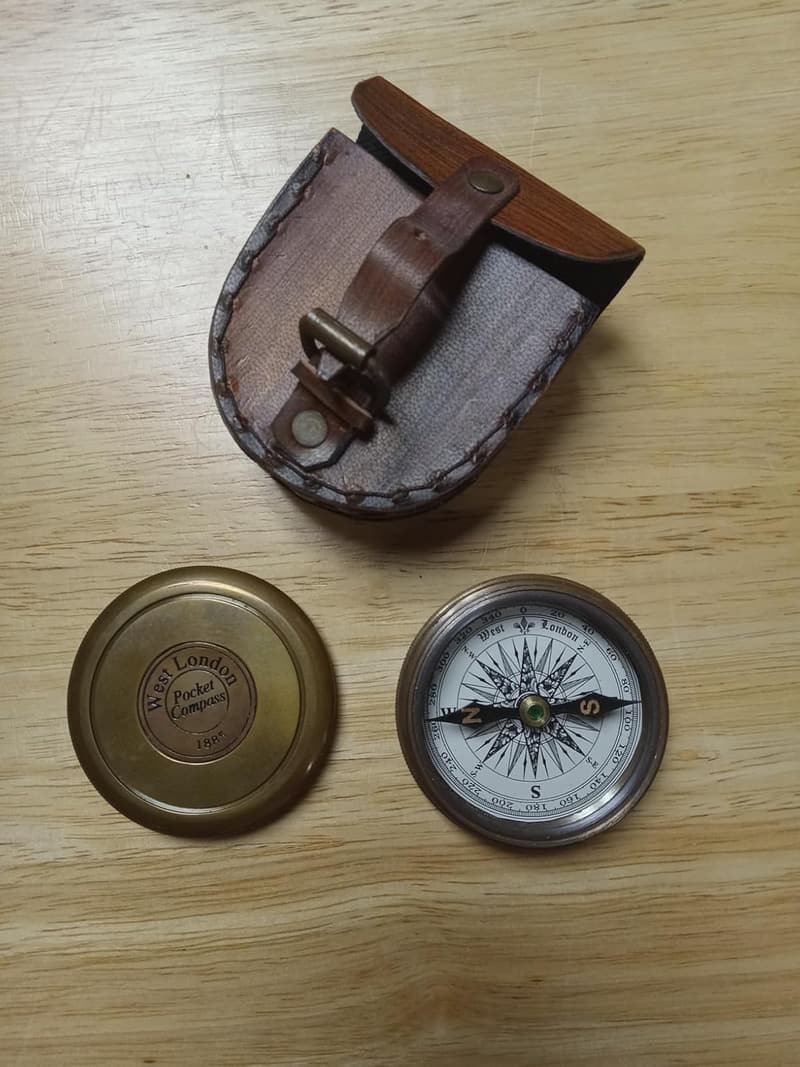 Antiqued Brass Poem Compass with Leather Case
