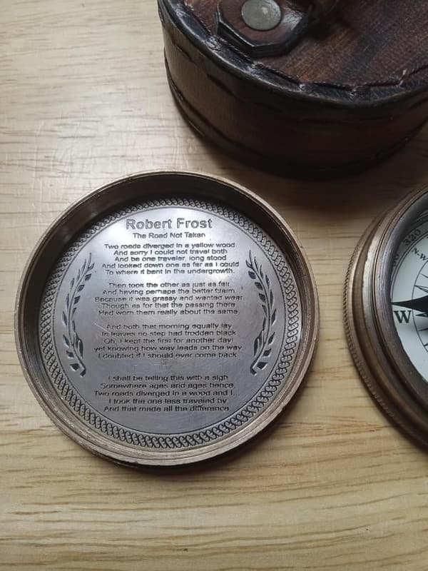 Antiqued Brass Poem Compass with Leather Case